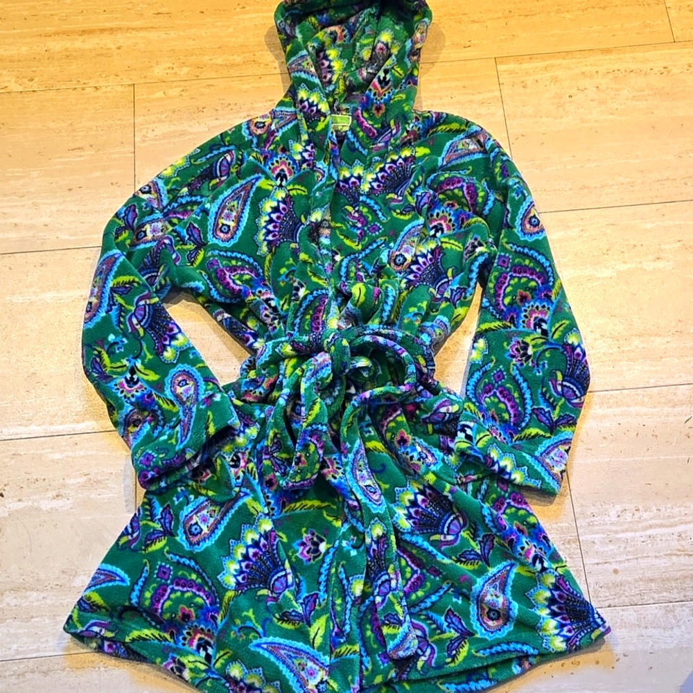 Vera Bradley Multi-Colored Green Design Print Hooded Plush Robe